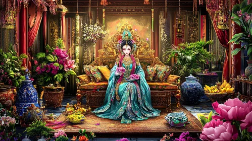 Oriental Beauty Amidst Floral Grandeur