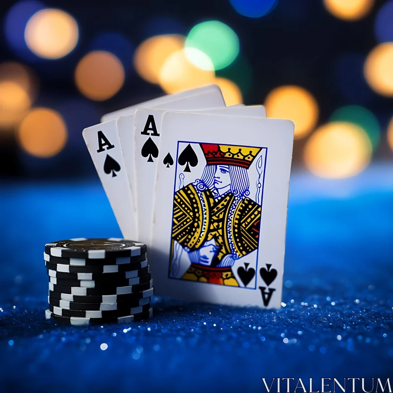 Royal Flush and Poker Chips on Blue Background AI Image