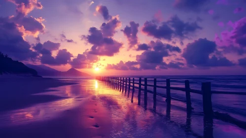 Coastal Sunset with Wooden Fence Reflection