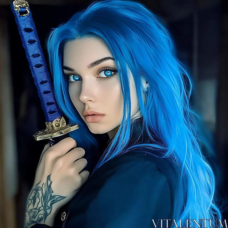 Woman with Blue Hair Holding Sword AI Image