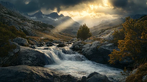 Mountain Waterfall and Sunlight Landscape