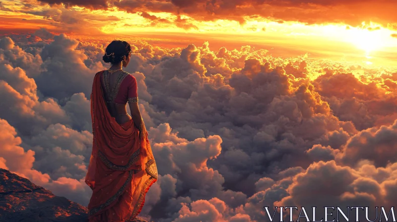 Sunset View With Woman in Traditional Dress AI Image