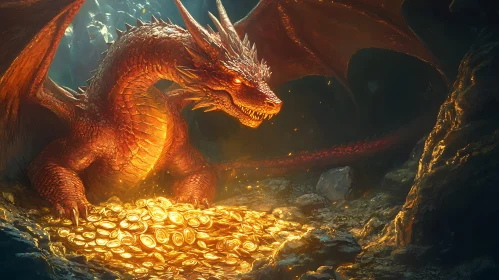 Fantasy dragon with treasure pile