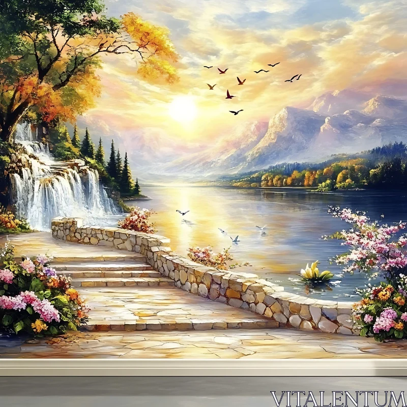 AI ART Serene Lake Sunset with Lush Garden and Waterfall