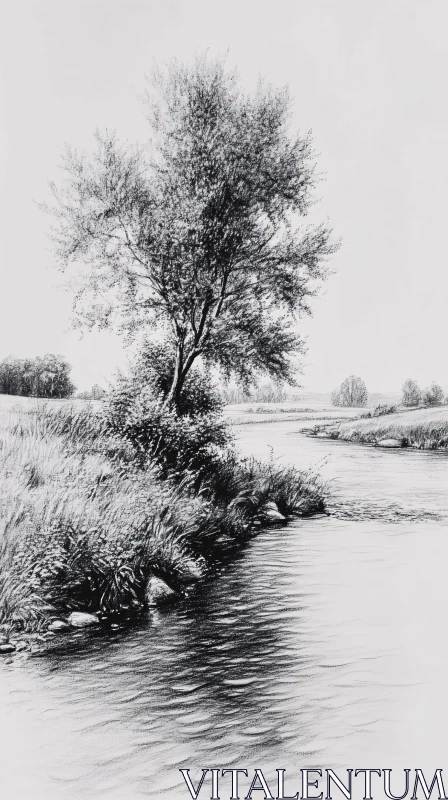 AI ART Tranquil Riverbank Art in Pencil