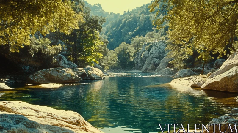 Tranquil Lake Landscape with Forest and Rocks AI Image