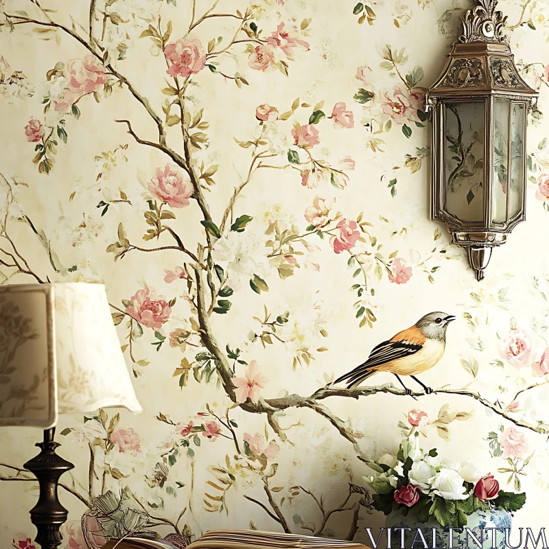 Classic Bird and Blossoms Wall Design AI Image