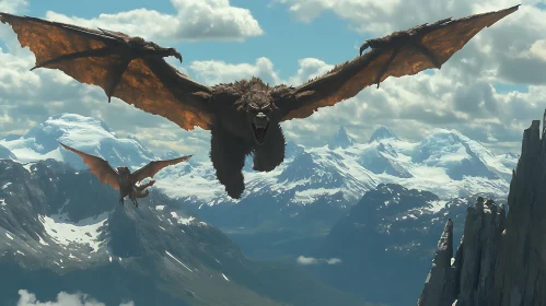 Winged Creatures in Flight Over Mountains