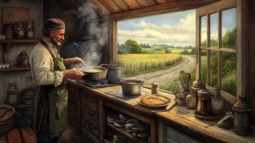 Rustic Kitchen Scene with Man Cooking