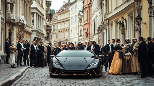 Modern Luxury Car in Vintage Street Setting