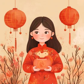 Celebratory Lantern Girl Painting