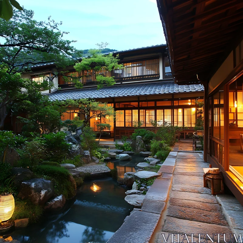 Peaceful Traditional Japanese Inn at Evening AI Image