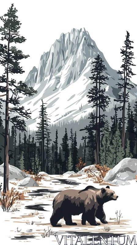 Bear Amidst Snowy Wilderness AI Image