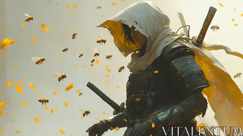 AI ART Armored Warrior Surrounded by Swarm of Bees