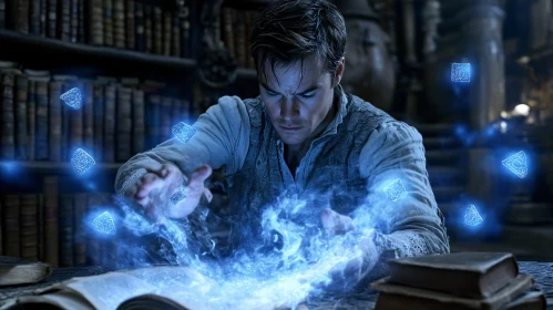 Mystical Wizard Conjuring Magic in a Library