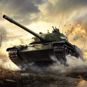 Military Tank in Action on Battlefield