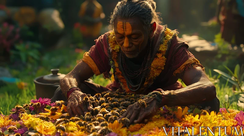 AI ART Elder Man's Peaceful Bee Ritual