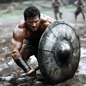 Man with Shield in Muddy Field