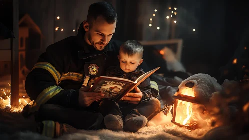 Father and Child Reading by Lantern Light