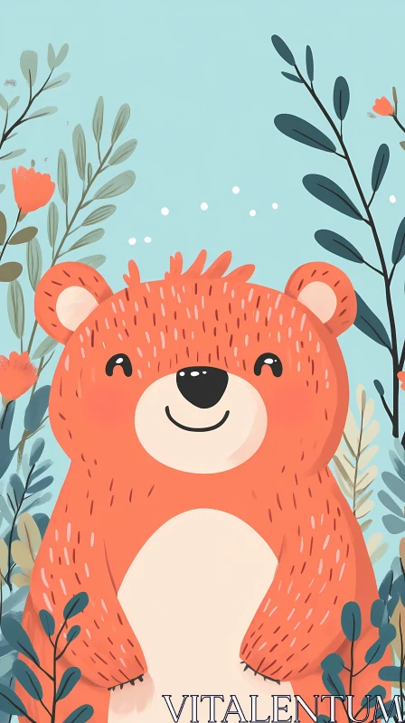 Joyful Cartoon Bear in Floral Scene AI Image