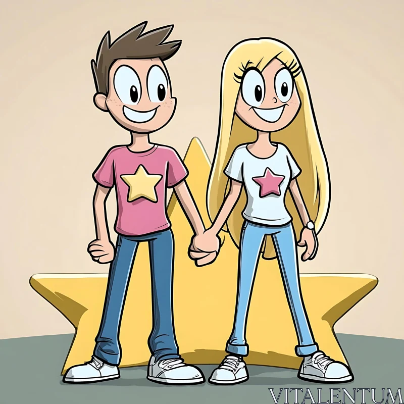 Cartoon Characters in Love Holding Hands AI Image