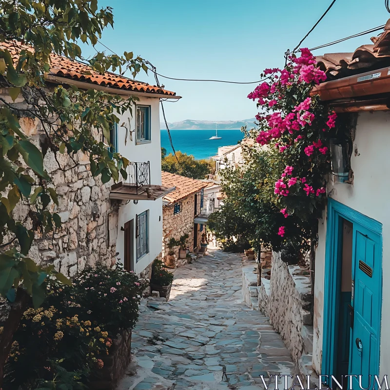 Picturesque Street in Coastal Village AI Image