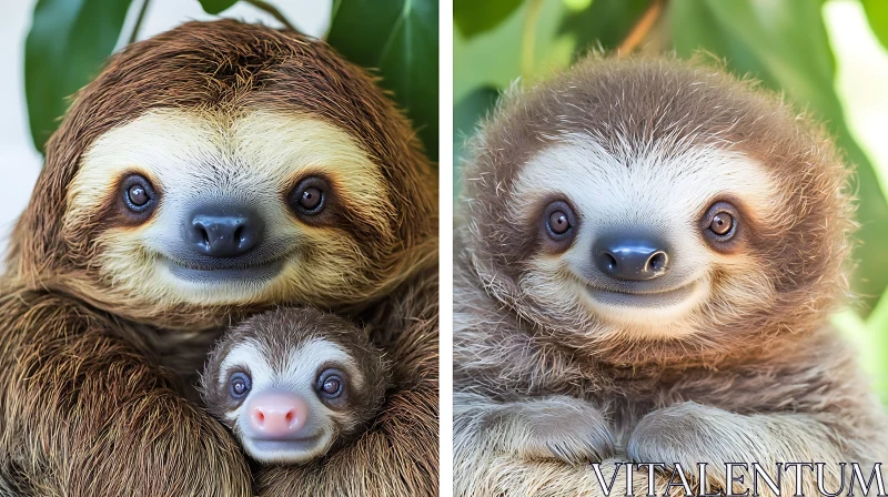 Cute Sloth Mother and Baby in Natural Habitat AI Image