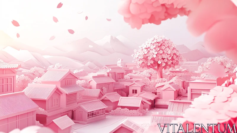 Pastel Pink Village with Blossoms AI Image