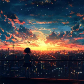Rooftop Sunset Serenity Anime Cityscape
