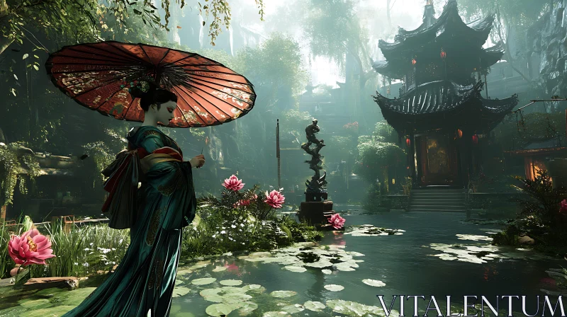 Serene Asian Garden with Woman and Pagoda AI Image