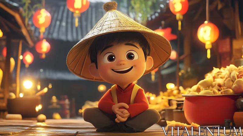 Smiling Cartoon Boy in Asian Setting AI Image