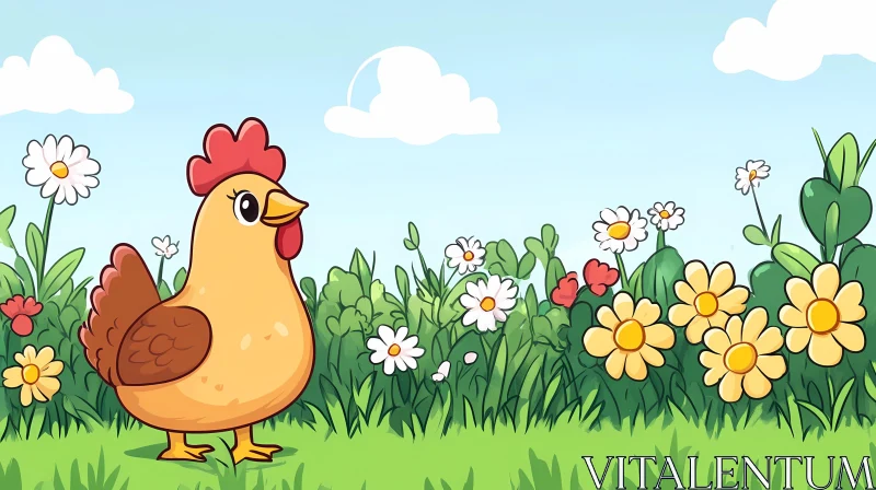 AI ART Cartoon Hen in a Flower Field