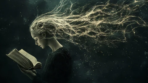 Woman Reading Book with Glowing Hair