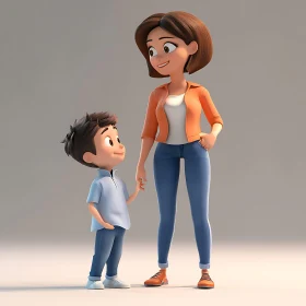 Cartoon Mother and Son Hand-in-Hand