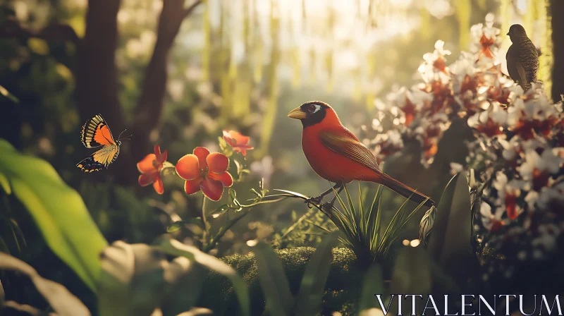 Crimson Bird in Verdant Garden AI Image