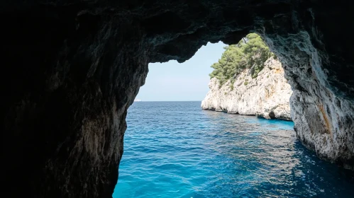 Seaside Cave Opening to Ocean and Cliffs