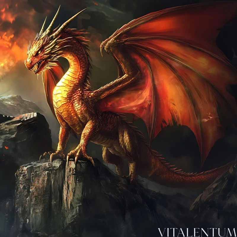 AI ART Fiery Dragon on Mountain Ledge