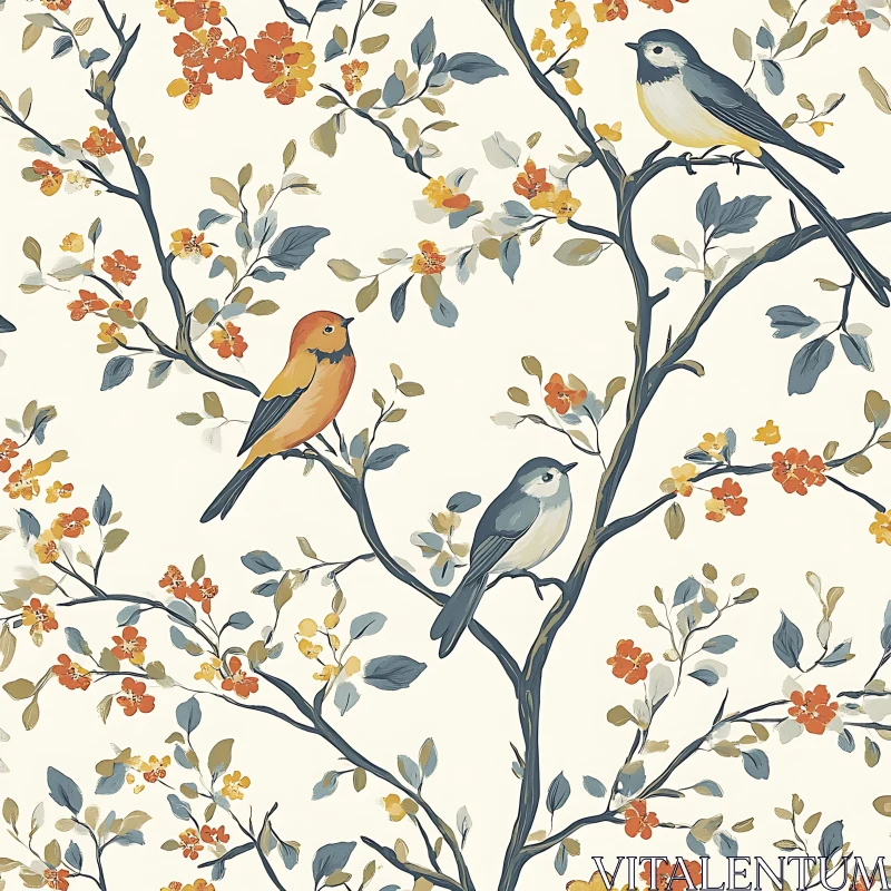 Beautiful Birds with Blossoms Art AI Image