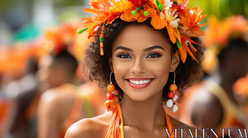 Carnivalcore Style Woman in Orange Attire with Floral Crown AI Image