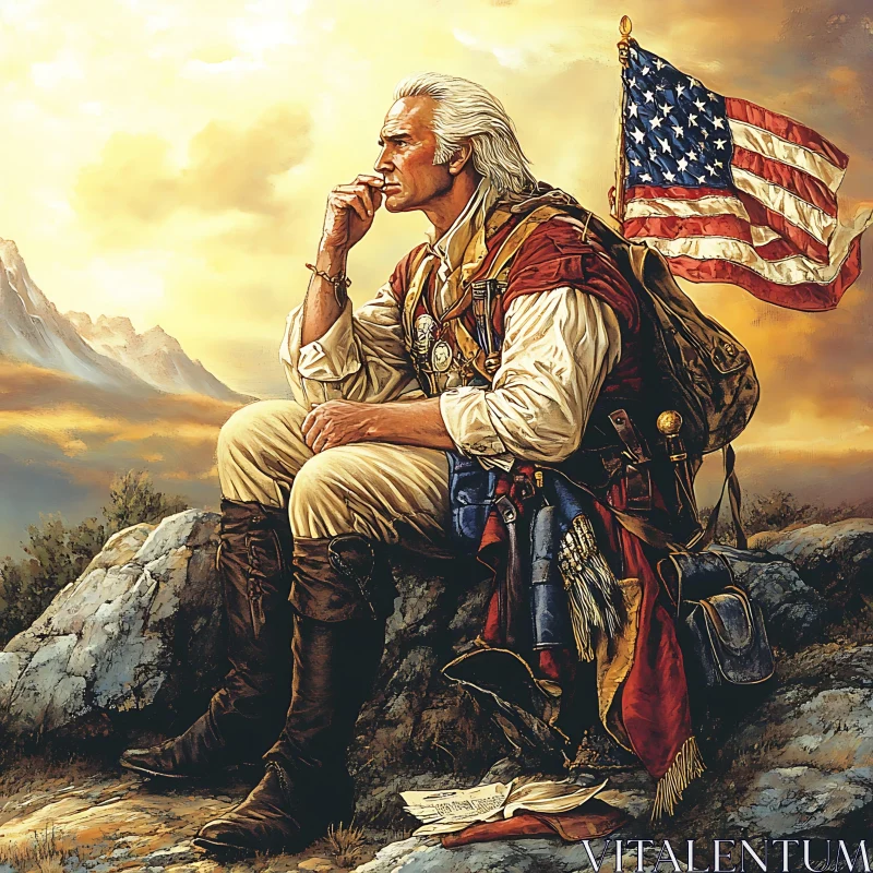 AI ART Contemplative Patriot with American Flag