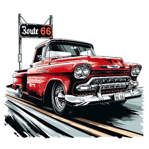 Classic Red Chevrolet Apache on Route 66 - Iconic Road Trip Scene