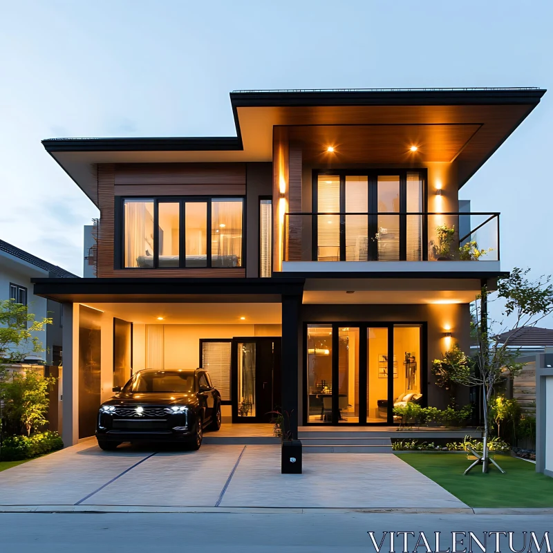 Contemporary Two-Storey Home with Beautiful Lighting AI Image