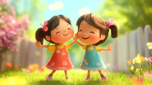 Joyful Cartoon Girls Playing Together