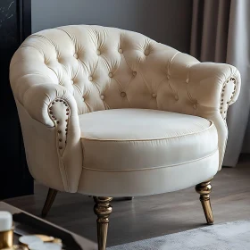 Luxurious Cream Tufted Armchair with Brass Details