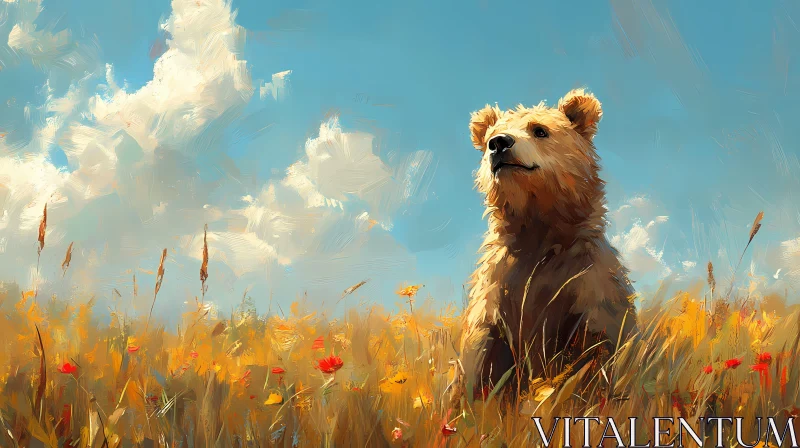 Bear Cub in a Flower-Filled Field AI Image