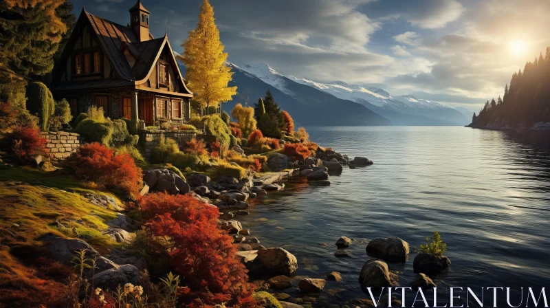 Lake House in Autumn - Rustic Charm and Serene Beauty AI Image