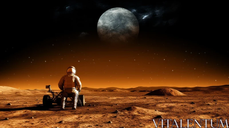 AI ART Man in Space Helmet at Mars, Gazing at Moon - Dark Amber Historical Illustration