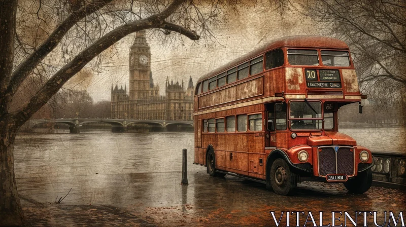 Muted Tones and Surrealism: Red Double Decker Bus by the River in London AI Image