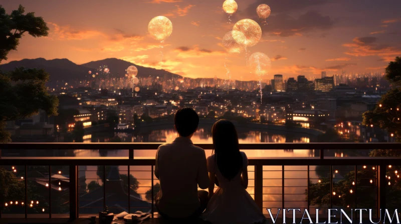 Romantic Cityscape View with Fireworks - Couple at Sunset AI Image