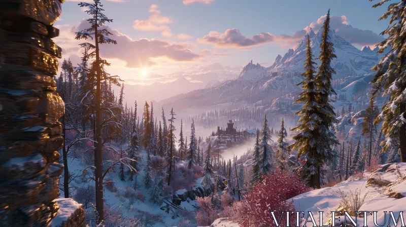 Serene Snowy Mountain Landscape with Setting Sun AI Image